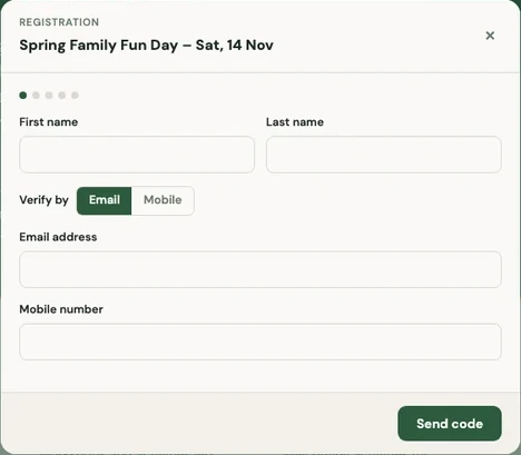 Spring Family Fun Day registration dialog with empty name, email and mobile fields and email or mobile verification choices.