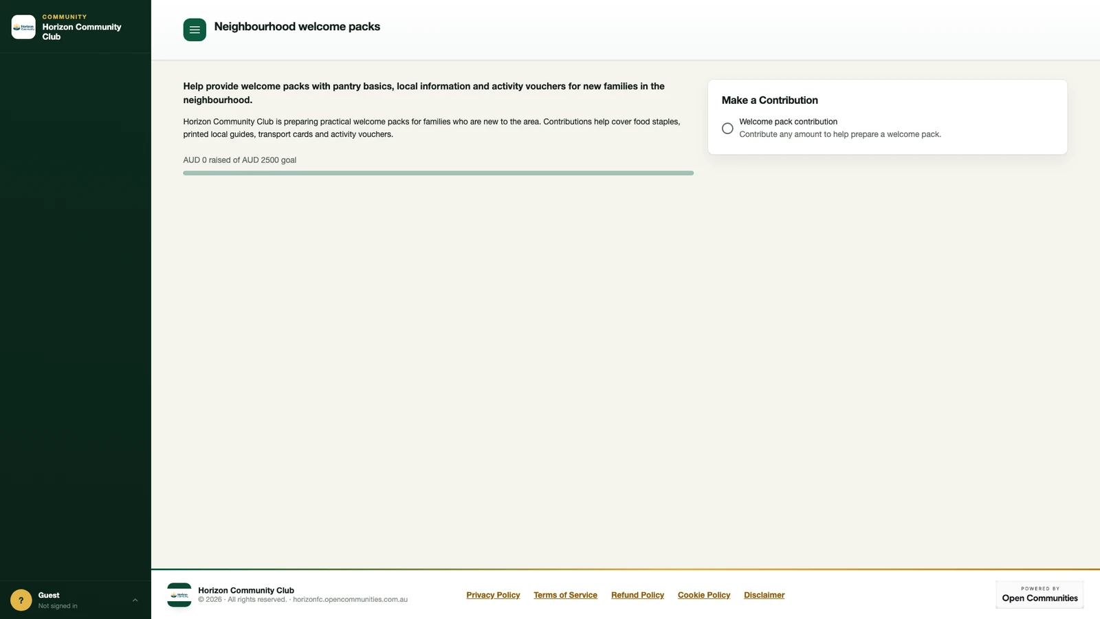 Live Horizon welcome-pack project with its purpose, existing goal and available contribution option before selection.