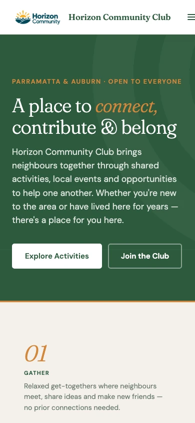 Horizon Community Club public homepage in a narrow mobile viewport with welcome copy and participation buttons.