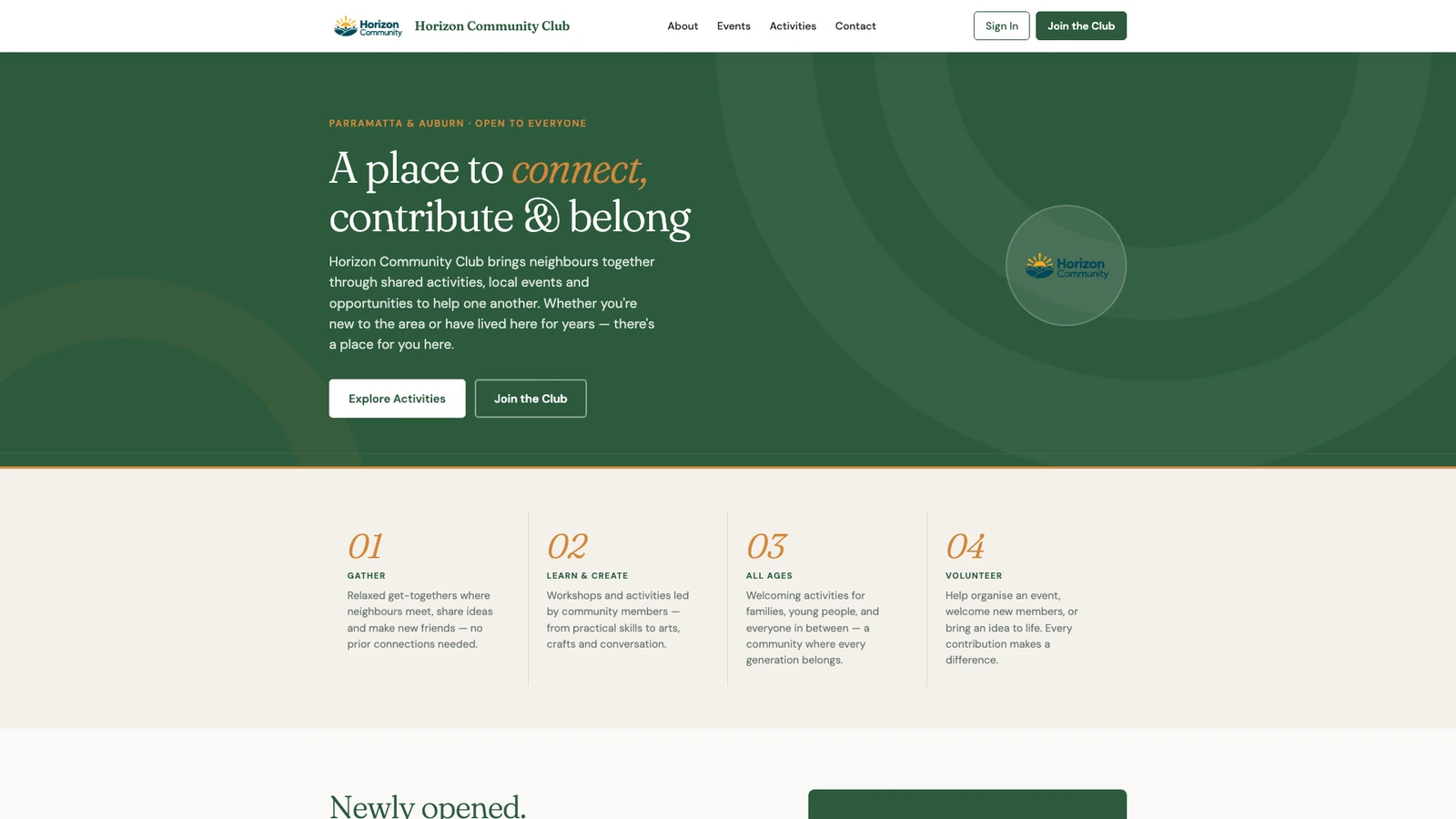 Horizon Community Club homepage with its green-and-gold identity, welcoming message and participation links.