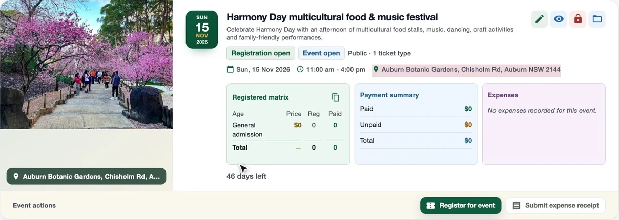 Horizon festival event card with registration status, aggregate registration totals, payment summary and organiser actions.